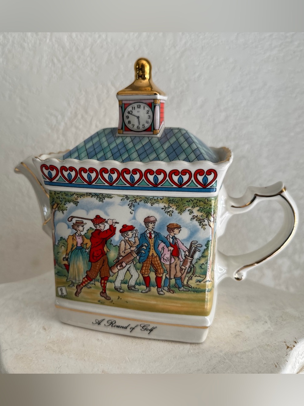 Vintage Golf Scene Ceramic Teapot with Gold Trim